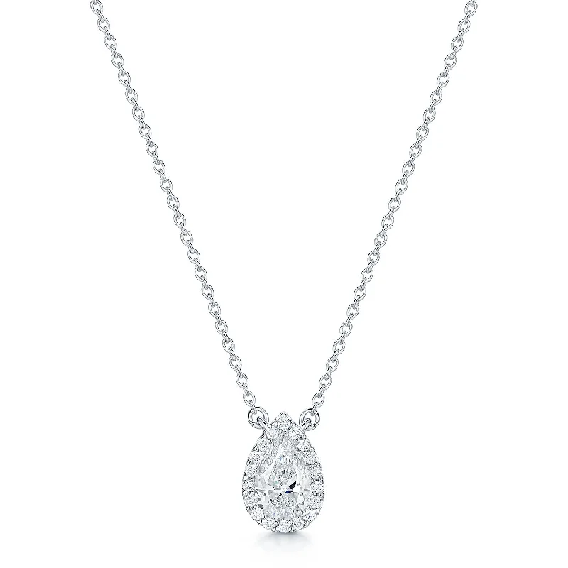 Fashionable Crystal Pendant Necklace-18ct White Gold Pear Cut Diamond 0.80ct Rub Over Halo Pendant