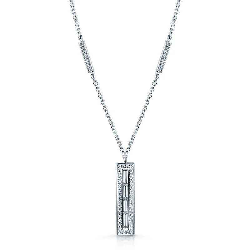 Long Crystal Necklace with Multicolor Gems-18ct White Gold Rectangular Diamond Set Pendant & Chain