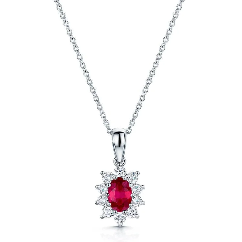 Personalized Couple Necklace with Engraving-18ct White Gold Oval Ruby and Round Brilliant Cut Diamond Cluster Pendant