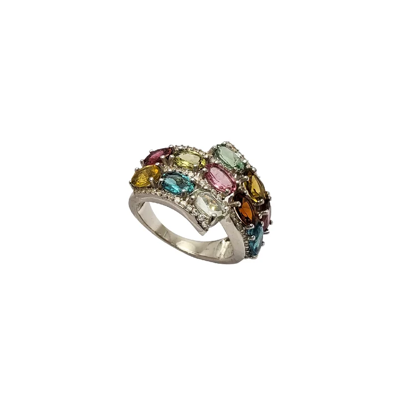 Designer Gold Wedding Ring with Sapphire Inlay-Multicolor Gemstone Bypass Ring (Silver)