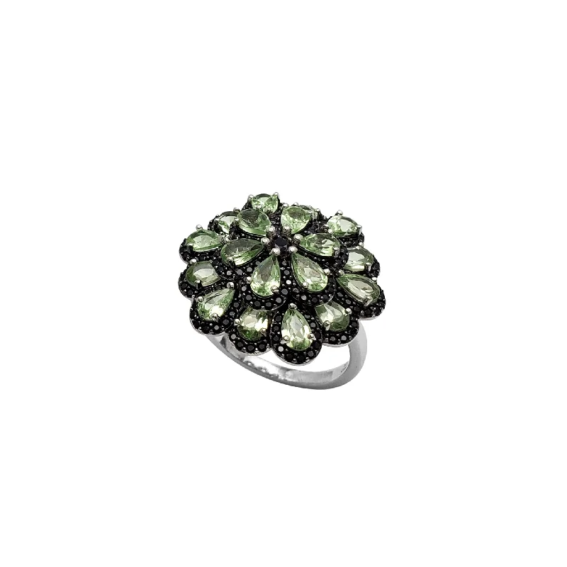 Personalized Silver Ring with Heart Pendant-Black Onyx Green Blossom Flower Ring (Silver)