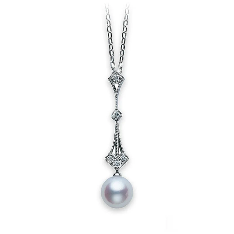 Unique Gold Pendant Necklace for Women-18ct White Gold Akoya Pearl & Diamond Vintage Pendant