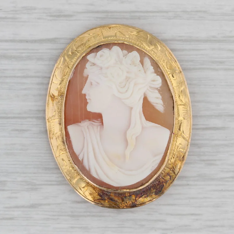 Brooch For Outdoor Events-Vintage Carved Shell Cameo Brooch 10k Yellow Gold Pendant Pin