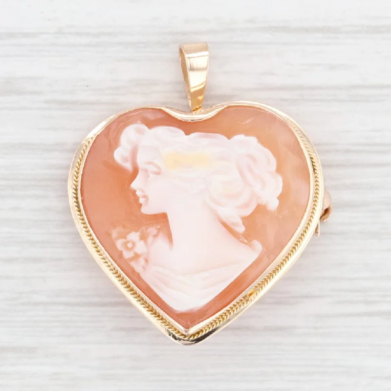 Custom Crystal Brooch Pin-Carved Shell Cameo Heart Brooch Pendant 14k Yellow Gold Italian Figural Pin