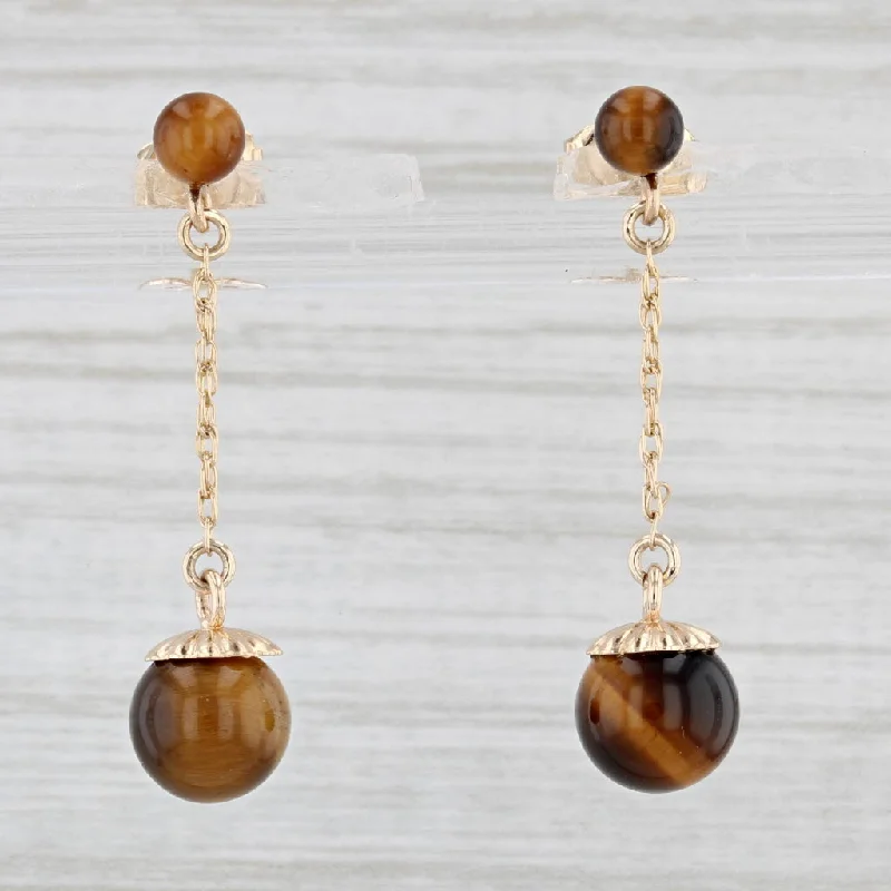 Black Hoop Earrings for Women-Tiger's Eye Dangle Earrings 14k Yellow Gold Brown Bead Drops