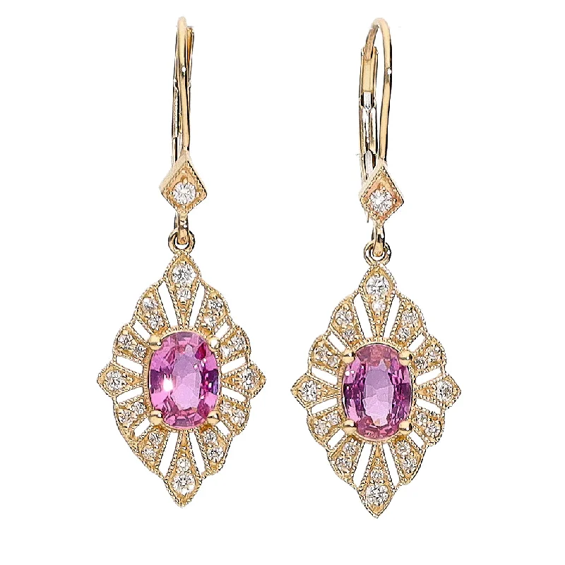 Simple Gold Drop Earrings for Work-14K Yellow Gold Oval Pink Sapphire and Diamond Leverback Drop Earrings