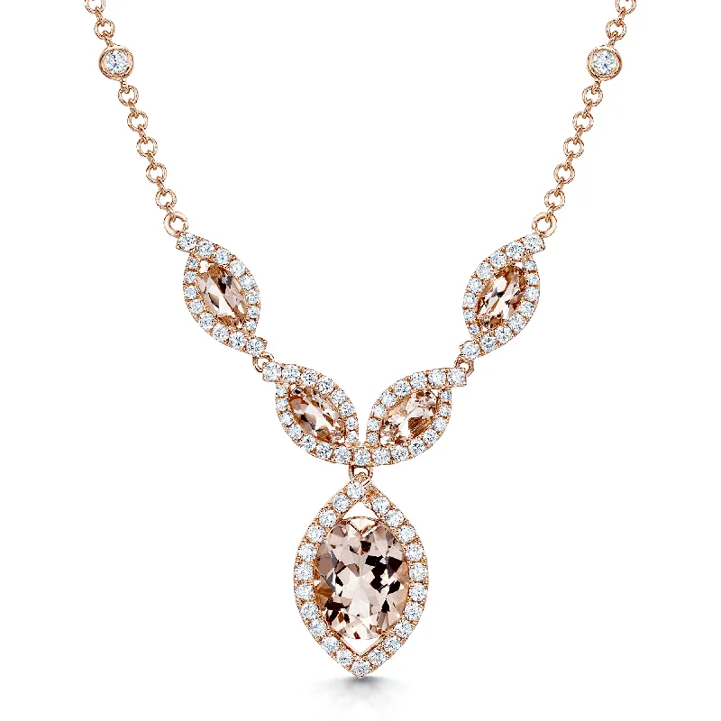 Simple Gold Necklace with Small Pendant-18ct Rose Gold Morganite And Diamond Halo Set Fancy Necklet