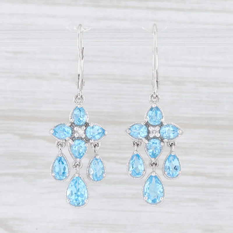 Elegant Silver Chandelier Earrings-New 3.40ctw Blue Topaz White Sapphire Flower Earrings 14k White Gold Leverback