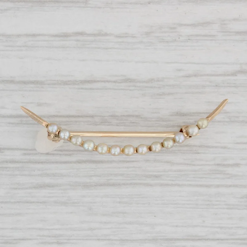 Classic Brooch For Winter Fashion-Crescent Seed Pearls Pin 10k Yellow Gold Vintage Brooch