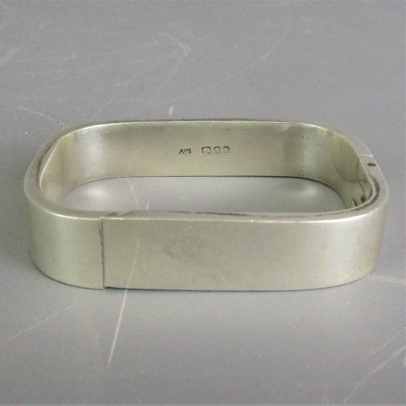 Classic Silver Bangles with Birthstone Charms-Sterling Silver Squared Modernist Bangle Bracelet Vintage London 1975