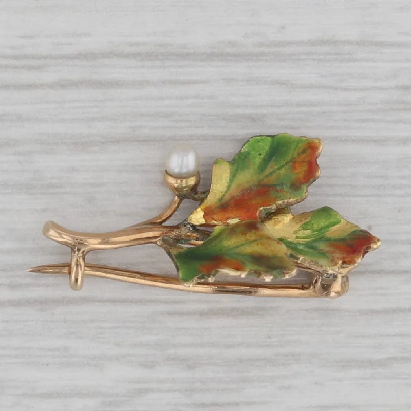 Elegant Brooch With Retro Feel-Antique Seed Pearl Enamel Leaf Brooch 14k Yellow Gold Pin