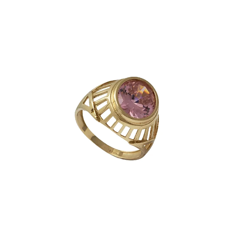 Custom Gemstone Ring with Birthstone for Mom-Pink Zirconia Hollow Textured Ring (14K)