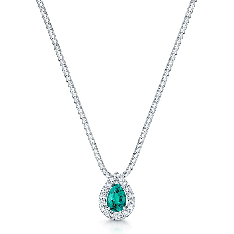 Elegant Necklace with Amethyst Pendant-18ct White Gold Pear Cut Emerald And Diamond Halo Pendant