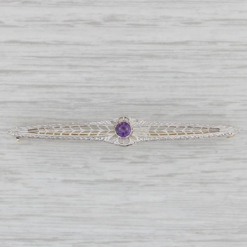 Beautiful Brooch With Pearls-0.20ct Amethyst Solitaire Art Déco Vintage Bar Brooch 14k Gold Platinum Pin