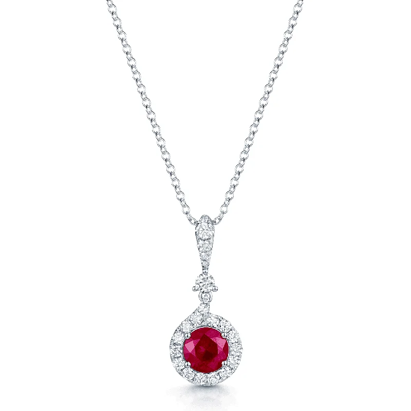 Custom Heart Necklace for Anniversary Gifts-18ct White Gold Round Brilliant Cut Ruby And Diamond Halo Pendant With A Diamond Bale