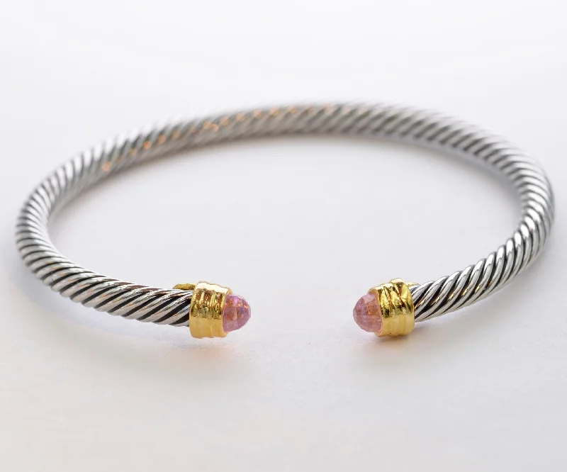 Custom Stackable Bangles with Birthstone Charms-Bangle with Faceted Pink Stone