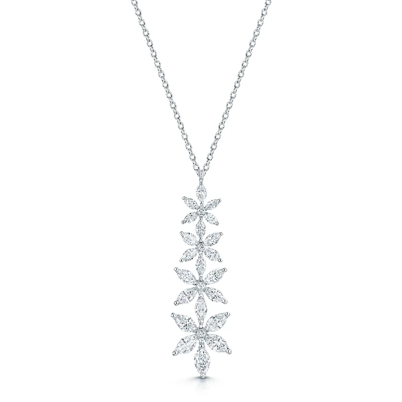 Custom Diamond Pendant Necklace for Brides-18ct White Gold Marquise Cut Diamond Graduating Flower Pendant