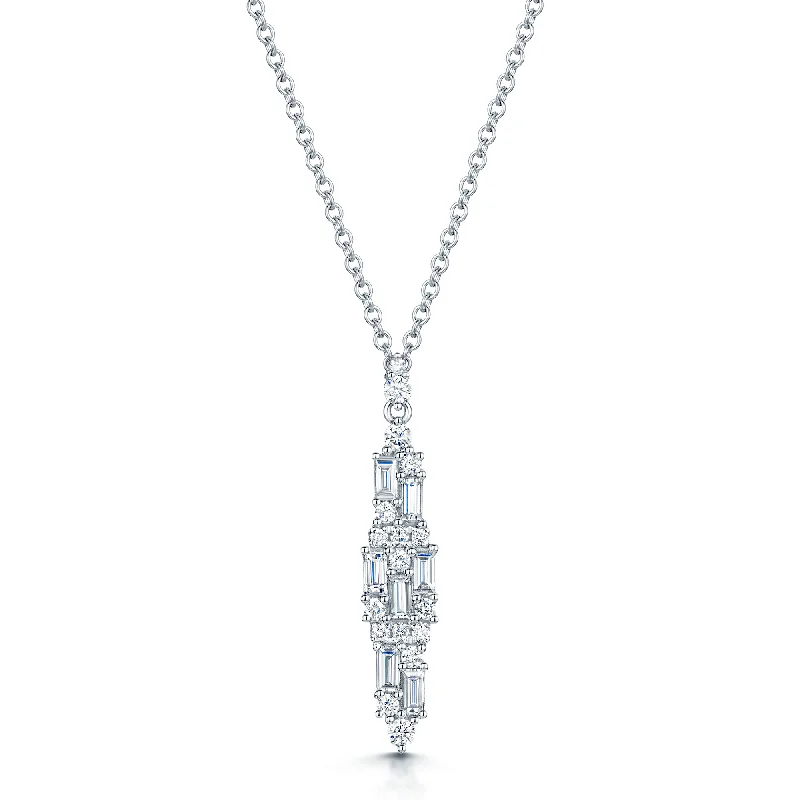 Silver Necklace with Turquoise Stones-18ct White Gold Baguette & Round Brilliant Cut Diamond Drop Pendant