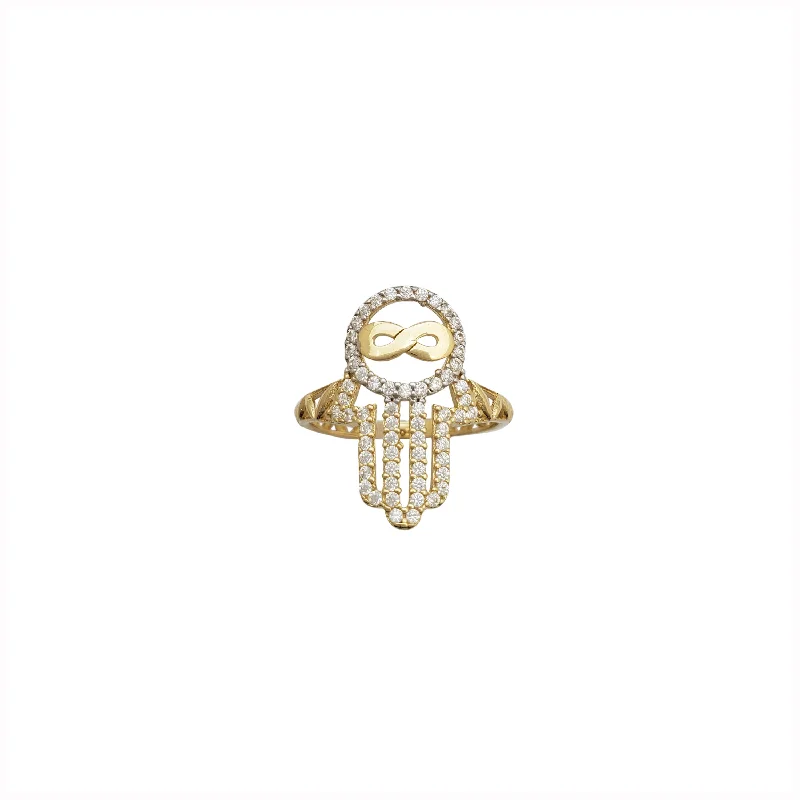 Classic Gold Engagement Ring with Halo Design-Iced-Out Infinity & Hamsa Ring (14K)