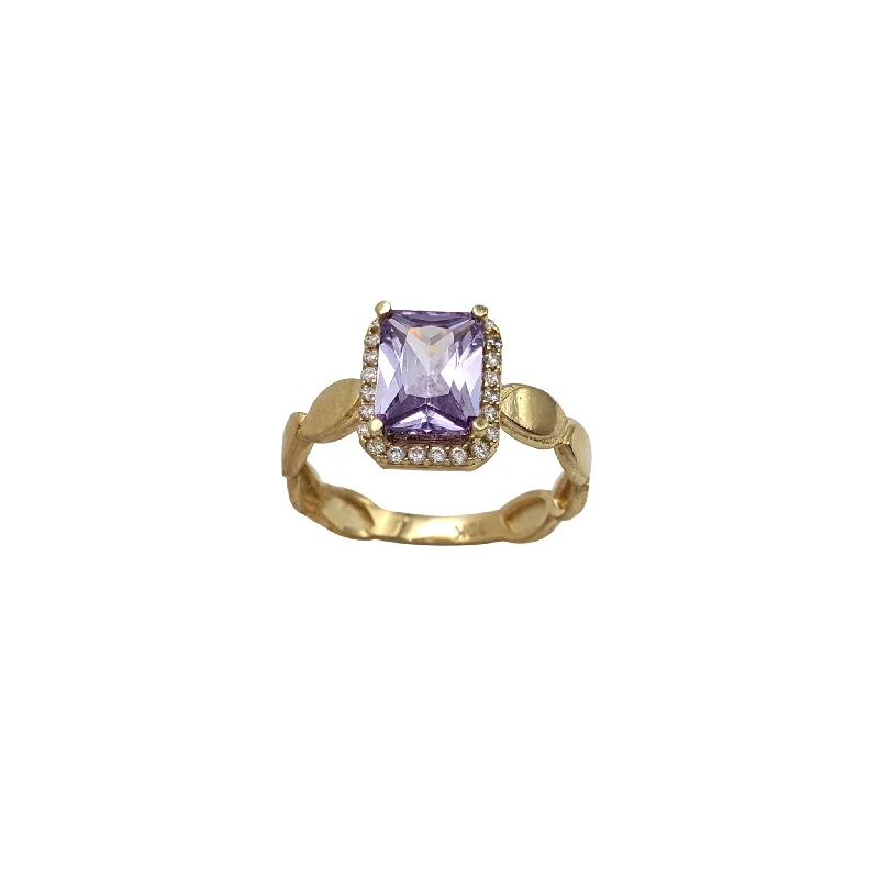 Simple Silver Ring with Ruby Gemstone-Zirconia Pave Purple Radiant Engagement Lady Ring (10K)