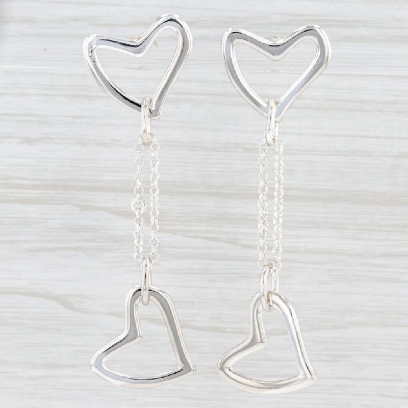 Pearl Dangle Earrings for Bridesmaids-New Dangling Hearts Earrings Sterling Silver Pierced Statement