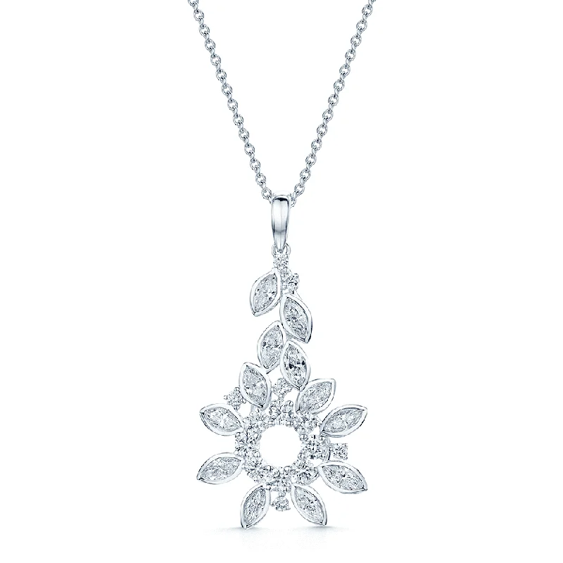 Customized Pendant Necklace with Name-18ct White Gold Marquise & Round Diamond Open Spray Cluster Pendant