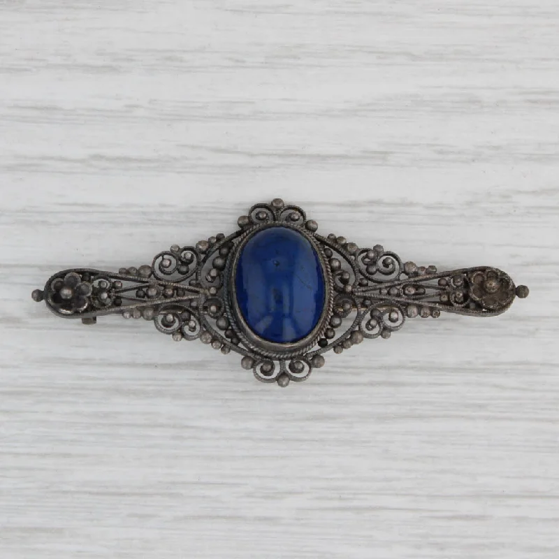 Statement Brooch For Dresses-Antique Blue Glass Filigree Pin 800 Silver Ornate Brooch