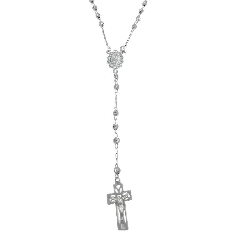 Gold and Diamond Necklace for Special Events-[3.9mm] Glossy Virgin Mary Crucifix Rosary Necklace (Silver)