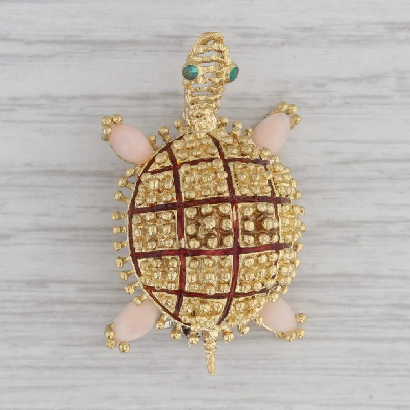 Handcrafted Vintage Brooch-Turtle Brooch 14k Yellow Gold Coral Green Chalcedony Vintage Pin