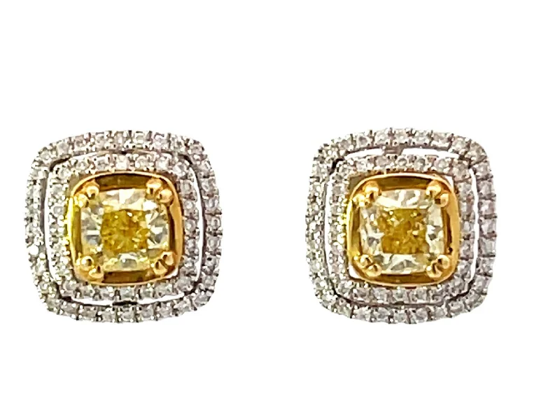 Long Gold Earrings for Formal Wear-Fancy Yellow Cushion Cut Diamond Earrings with Double Diamond Halo 18k Gold