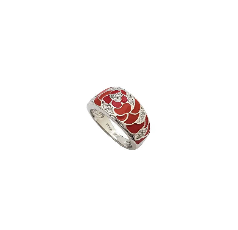 Personalized Name Ring with Birthstone-Red Enamel Band (Silver)