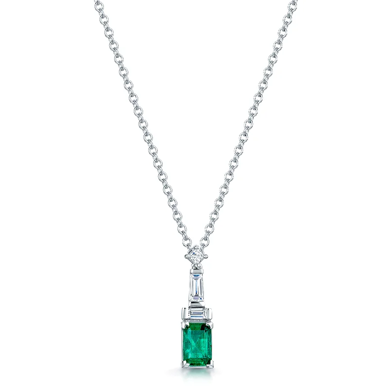 Vintage-inspired Crystal Necklace-18ct White Gold Emerald, Baguette And Princess Cut Diamond Pendant