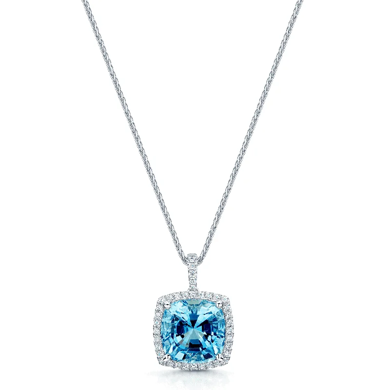 Elegant Long Necklace with Crystal Pendants-18ct White Gold Cushion Shape Aquamarine & Diamond Cluster Pendant With Diamond Bale