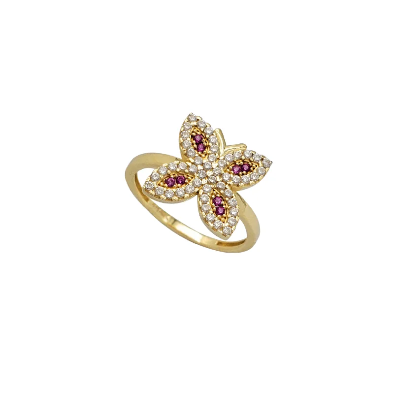 Elegant Gemstone Ring with Gold Setting-Zirconia Red Pave Butterfly Ring (14K)