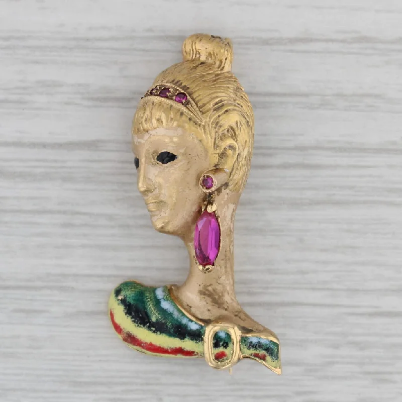 Fashion Brooch For Blazers-Lab Created Ruby Figural Female Bust Brooch 18k Gold Enamel Pin Italy