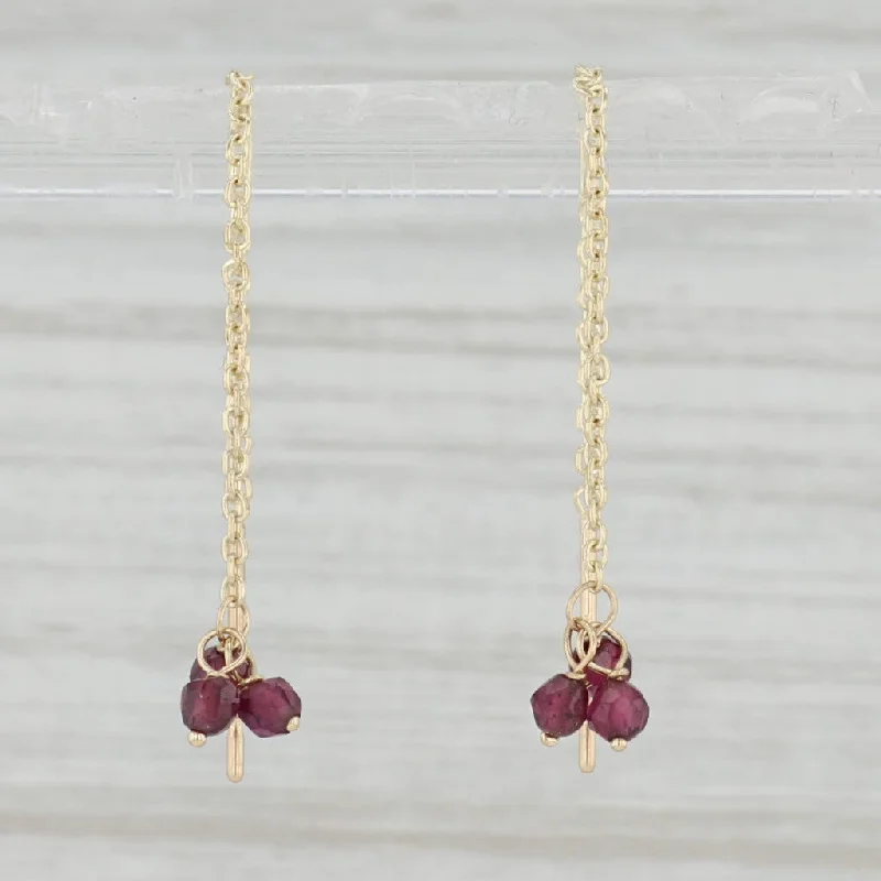 Elegant Bridal Earrings for Wedding Day-Garnet Cluster Threader Earrings 14k Yellow Gold Pierced