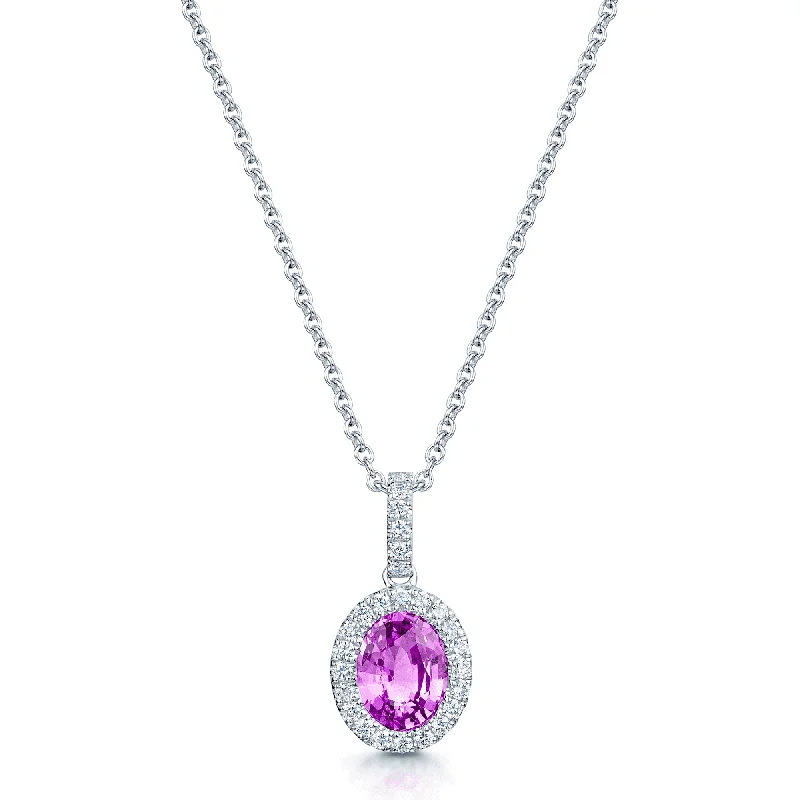 Custom Diamond Pendant Necklace for Brides-18ct White Gold Oval Cut Natural Unheated Pink Sapphire Diamond Halo Pendant