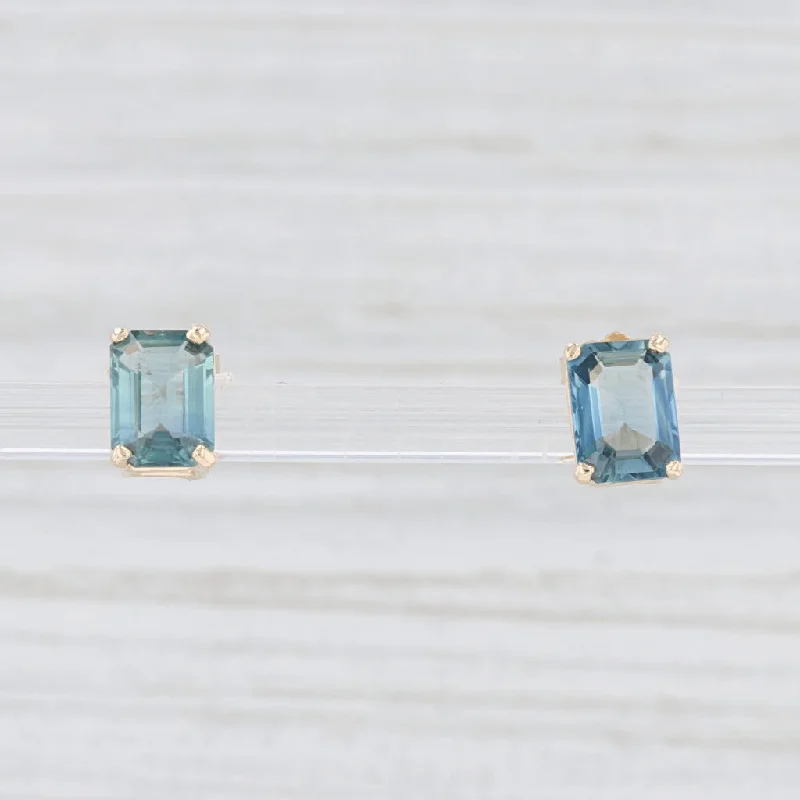 Large Crystal Earrings for Evening Events-New Blue Sapphire Stud Earrings 14k Yellow Gold Emerald Cut Solitaire