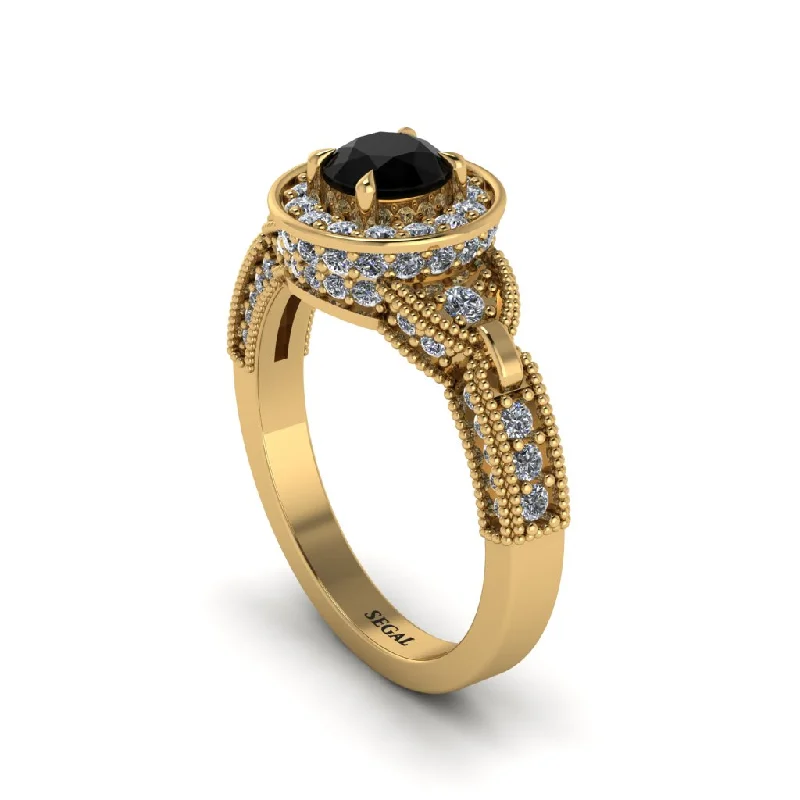 Simple Gold Wedding Band for Brides-Black Diamond Double Halo Handmade Engagement Ring - Gracelyn No. 7