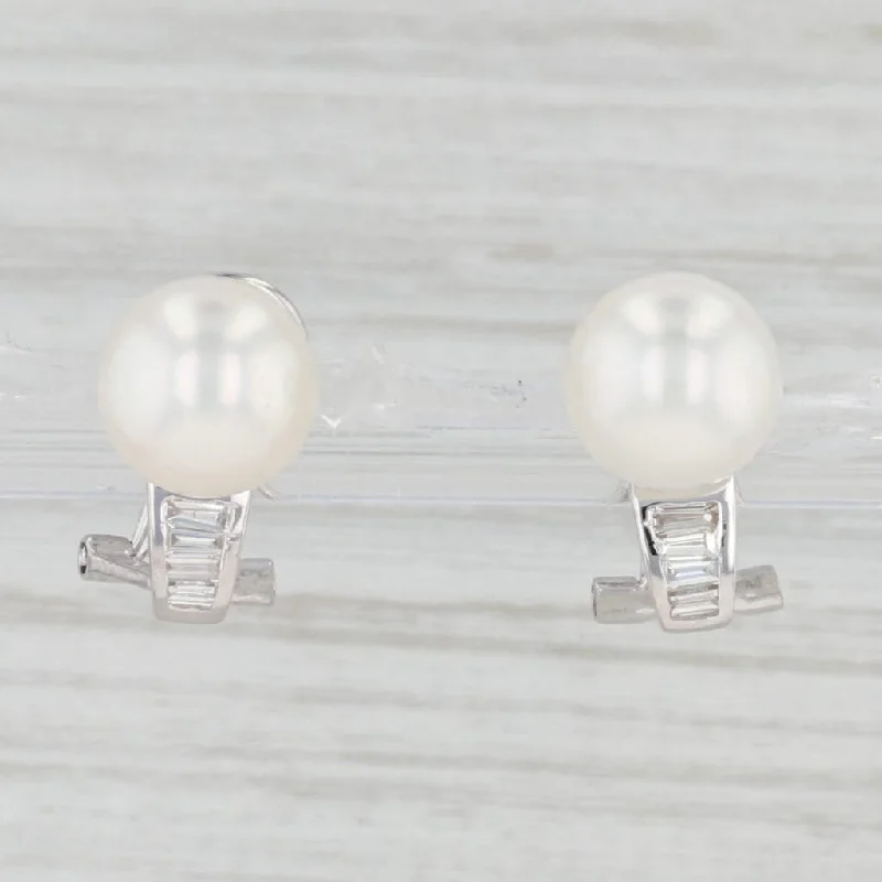 Silver Earrings with Sapphire Stones-Cultured Saltwater Pearl Diamond Earrings 14k White Gold Pierced Omega Backs