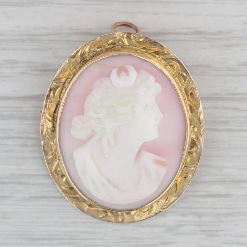 Modern Retro Brooch-Vintage Carved Pink Shell Cameo Brooch Pendant 14k Yellow Gold Pin