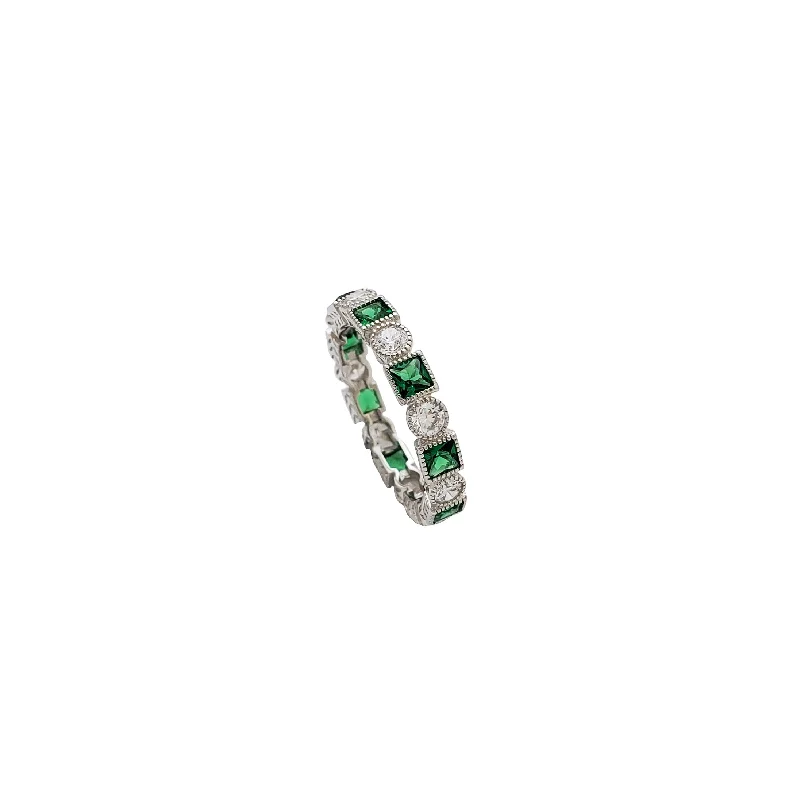 Unique Gemstone Ring with Vintage Setting-Green Eternity Band  (Silver)