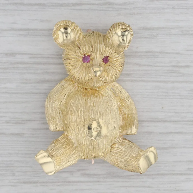 Designer Brooch For Weddings-Ruby Eyed Teddy Bear Brooch 18k Yellow Gold Pin