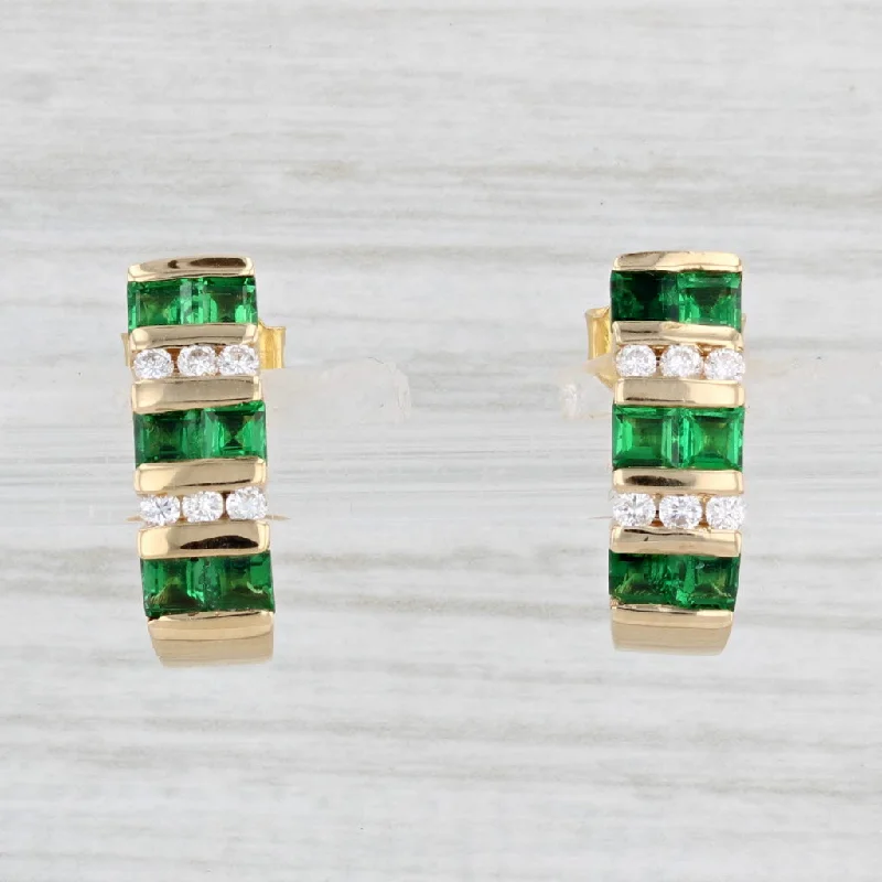 Long Gold Earrings for Formal Wear-1.18ctw Green Tsavorite Garnet Diamond J-Hook Earrings 18k Yellow Gold