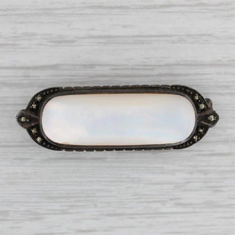 Luxury Vintage Brooch-Vintage Mother of Pearl Marcasite Brooch Sterling Silver Pin