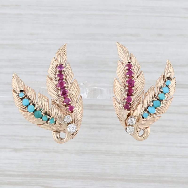 Elegant Gold Earrings for Weddings-Retro Diamond Ruby Turquoise Leaf Earrings 10k-12k Yellow Gold Statement