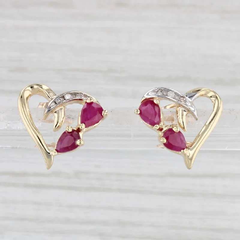 Elegant Cuff Earrings for Women-0.80ctw Ruby Diamond Heart Stud Earrings 14k Yellow Gold