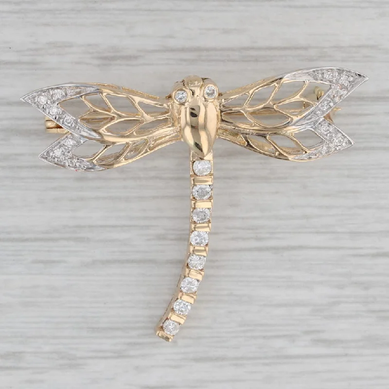 Brooch With Vintage Charm-0.25ctw Diamond Dragonfly Brooch 18k Yellow Gold Statement Pin Insect Jewelry