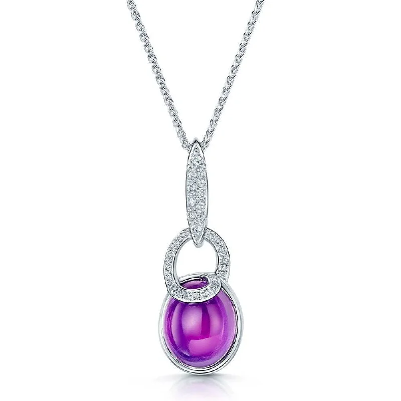 Simple Silver Necklace with Amethyst Pendant-18ct White Gold Cabochon Amethyst & Diamond Swirl Design Pendant