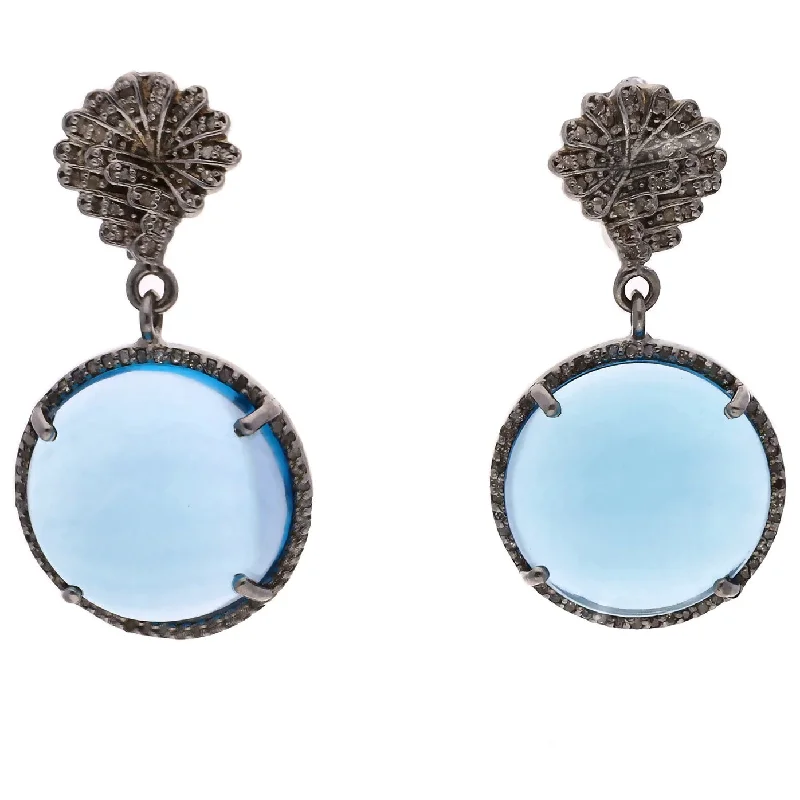 High-End Diamond Earrings-Black Rhodium Plated Sterling Silver Round Blue Topaz & Rough Cut Diamond Dangle Earrings